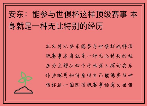 安东：能参与世俱杯这样顶级赛事 本身就是一种无比特别的经历