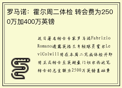 罗马诺：霍尔周二体检 转会费为2500万加400万英镑