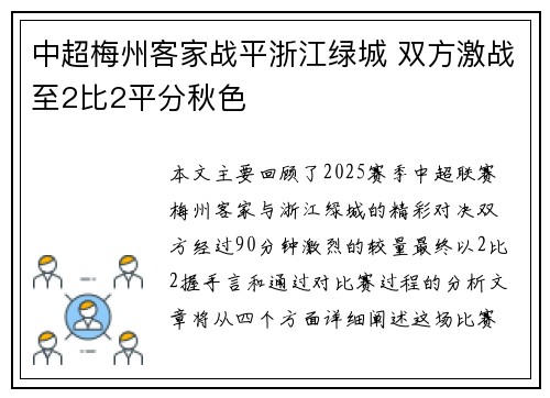 中超梅州客家战平浙江绿城 双方激战至2比2平分秋色