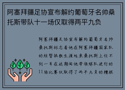 阿塞拜疆足协宣布解约葡萄牙名帅桑托斯带队十一场仅取得两平九负